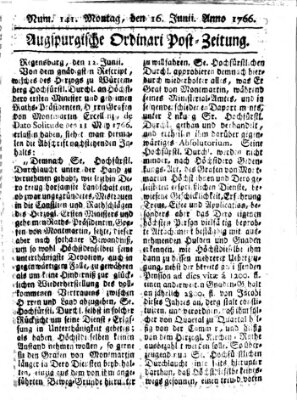 Augspurgische Ordinari-Post-Zeitung (Augsburger Postzeitung) Montag 16. Juni 1766