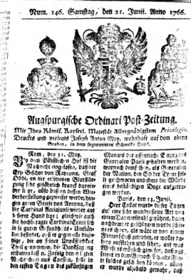 Augspurgische Ordinari-Post-Zeitung (Augsburger Postzeitung) Samstag 21. Juni 1766