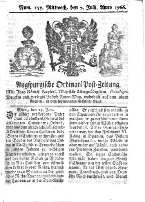 Augspurgische Ordinari-Post-Zeitung (Augsburger Postzeitung) Mittwoch 2. Juli 1766