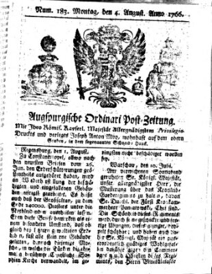 Augspurgische Ordinari-Post-Zeitung (Augsburger Postzeitung) Montag 4. August 1766