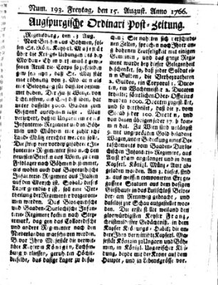 Augspurgische Ordinari-Post-Zeitung (Augsburger Postzeitung) Freitag 15. August 1766