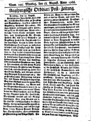 Augspurgische Ordinari-Post-Zeitung (Augsburger Postzeitung) Montag 18. August 1766