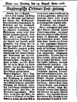 Augspurgische Ordinari-Post-Zeitung (Augsburger Postzeitung) Freitag 29. August 1766