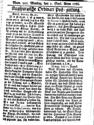 Augspurgische Ordinari-Post-Zeitung (Augsburger Postzeitung) Montag 1. September 1766