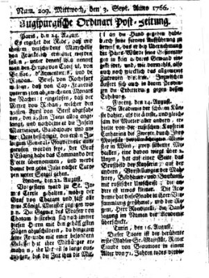 Augspurgische Ordinari-Post-Zeitung (Augsburger Postzeitung) Mittwoch 3. September 1766