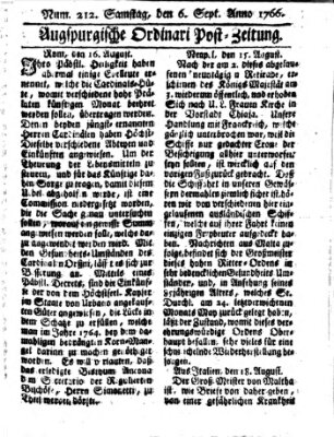 Augspurgische Ordinari-Post-Zeitung (Augsburger Postzeitung) Samstag 6. September 1766