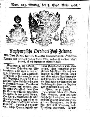 Augspurgische Ordinari-Post-Zeitung (Augsburger Postzeitung) Montag 8. September 1766