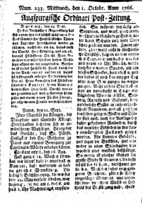 Augspurgische Ordinari-Post-Zeitung (Augsburger Postzeitung) Mittwoch 1. Oktober 1766