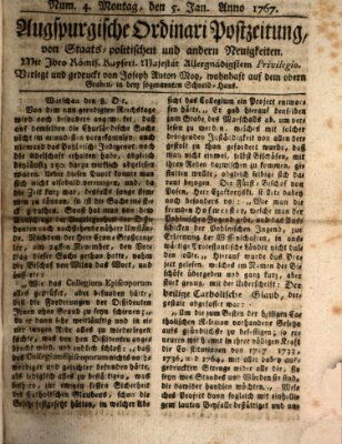 Augsburgische Ordinari Postzeitung von Staats-, gelehrten, historisch- u. ökonomischen Neuigkeiten (Augsburger Postzeitung) Montag 5. Januar 1767