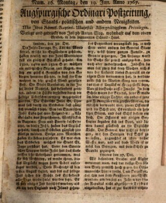 Augsburgische Ordinari Postzeitung von Staats-, gelehrten, historisch- u. ökonomischen Neuigkeiten (Augsburger Postzeitung) Montag 19. Januar 1767