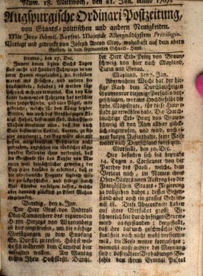 Augsburgische Ordinari Postzeitung von Staats-, gelehrten, historisch- u. ökonomischen Neuigkeiten (Augsburger Postzeitung) Mittwoch 21. Januar 1767