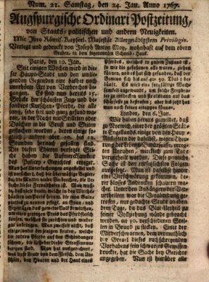 Augsburgische Ordinari Postzeitung von Staats-, gelehrten, historisch- u. ökonomischen Neuigkeiten (Augsburger Postzeitung) Samstag 24. Januar 1767