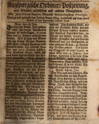 Augsburgische Ordinari Postzeitung von Staats-, gelehrten, historisch- u. ökonomischen Neuigkeiten (Augsburger Postzeitung) Samstag 31. Januar 1767