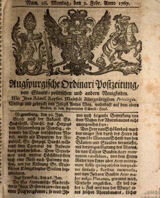 Augsburgische Ordinari Postzeitung von Staats-, gelehrten, historisch- u. ökonomischen Neuigkeiten (Augsburger Postzeitung) Sonntag 1. Februar 1767