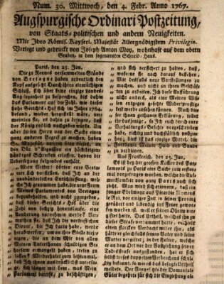 Augsburgische Ordinari Postzeitung von Staats-, gelehrten, historisch- u. ökonomischen Neuigkeiten (Augsburger Postzeitung) Mittwoch 4. Februar 1767