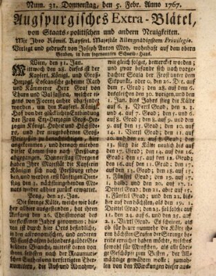 Augsburgische Ordinari Postzeitung von Staats-, gelehrten, historisch- u. ökonomischen Neuigkeiten (Augsburger Postzeitung) Donnerstag 5. Februar 1767