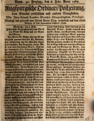 Augsburgische Ordinari Postzeitung von Staats-, gelehrten, historisch- u. ökonomischen Neuigkeiten (Augsburger Postzeitung) Freitag 6. Februar 1767