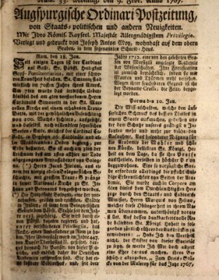 Augsburgische Ordinari Postzeitung von Staats-, gelehrten, historisch- u. ökonomischen Neuigkeiten (Augsburger Postzeitung) Montag 9. Februar 1767