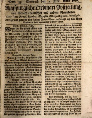 Augsburgische Ordinari Postzeitung von Staats-, gelehrten, historisch- u. ökonomischen Neuigkeiten (Augsburger Postzeitung) Mittwoch 11. Februar 1767