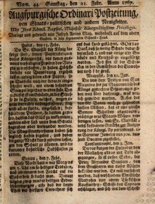 Augsburgische Ordinari Postzeitung von Staats-, gelehrten, historisch- u. ökonomischen Neuigkeiten (Augsburger Postzeitung) Samstag 21. Februar 1767