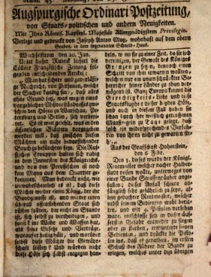 Augsburgische Ordinari Postzeitung von Staats-, gelehrten, historisch- u. ökonomischen Neuigkeiten (Augsburger Postzeitung) Montag 23. Februar 1767