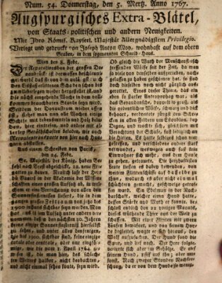 Augsburgische Ordinari Postzeitung von Staats-, gelehrten, historisch- u. ökonomischen Neuigkeiten (Augsburger Postzeitung) Donnerstag 5. März 1767