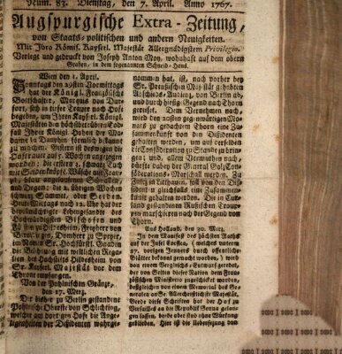 Augsburgische Ordinari Postzeitung von Staats-, gelehrten, historisch- u. ökonomischen Neuigkeiten (Augsburger Postzeitung) Dienstag 7. April 1767