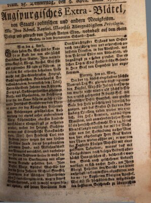 Augsburgische Ordinari Postzeitung von Staats-, gelehrten, historisch- u. ökonomischen Neuigkeiten (Augsburger Postzeitung) Donnerstag 9. April 1767