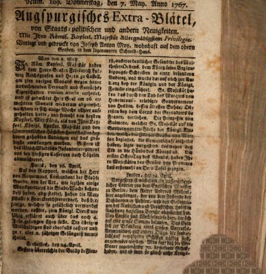 Augsburgische Ordinari Postzeitung von Staats-, gelehrten, historisch- u. ökonomischen Neuigkeiten (Augsburger Postzeitung) Donnerstag 7. Mai 1767