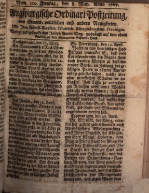 Augsburgische Ordinari Postzeitung von Staats-, gelehrten, historisch- u. ökonomischen Neuigkeiten (Augsburger Postzeitung) Freitag 8. Mai 1767