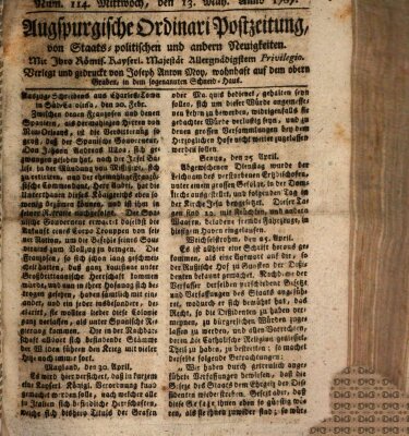 Augsburgische Ordinari Postzeitung von Staats-, gelehrten, historisch- u. ökonomischen Neuigkeiten (Augsburger Postzeitung) Mittwoch 13. Mai 1767