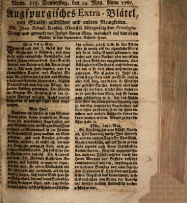 Augsburgische Ordinari Postzeitung von Staats-, gelehrten, historisch- u. ökonomischen Neuigkeiten (Augsburger Postzeitung) Donnerstag 14. Mai 1767