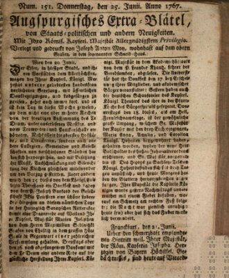 Augsburgische Ordinari Postzeitung von Staats-, gelehrten, historisch- u. ökonomischen Neuigkeiten (Augsburger Postzeitung) Donnerstag 25. Juni 1767