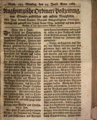 Augsburgische Ordinari Postzeitung von Staats-, gelehrten, historisch- u. ökonomischen Neuigkeiten (Augsburger Postzeitung) Montag 29. Juni 1767