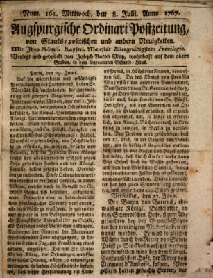 Augsburgische Ordinari Postzeitung von Staats-, gelehrten, historisch- u. ökonomischen Neuigkeiten (Augsburger Postzeitung) Mittwoch 8. Juli 1767