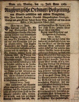 Augsburgische Ordinari Postzeitung von Staats-, gelehrten, historisch- u. ökonomischen Neuigkeiten (Augsburger Postzeitung) Montag 13. Juli 1767