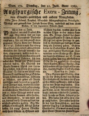 Augsburgische Ordinari Postzeitung von Staats-, gelehrten, historisch- u. ökonomischen Neuigkeiten (Augsburger Postzeitung) Dienstag 21. Juli 1767