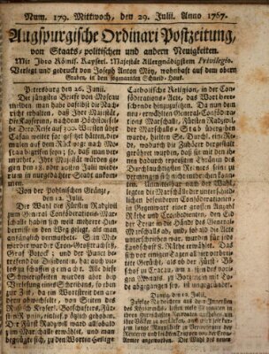 Augsburgische Ordinari Postzeitung von Staats-, gelehrten, historisch- u. ökonomischen Neuigkeiten (Augsburger Postzeitung) Mittwoch 29. Juli 1767