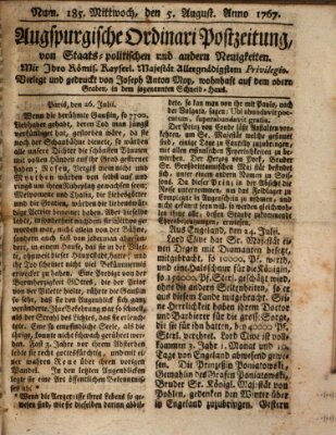 Augsburgische Ordinari Postzeitung von Staats-, gelehrten, historisch- u. ökonomischen Neuigkeiten (Augsburger Postzeitung) Mittwoch 5. August 1767