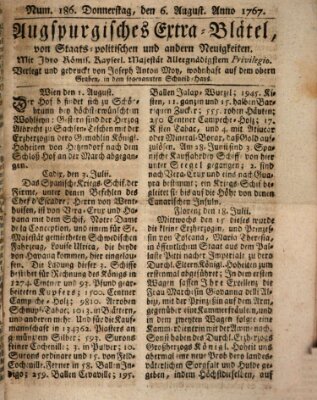 Augsburgische Ordinari Postzeitung von Staats-, gelehrten, historisch- u. ökonomischen Neuigkeiten (Augsburger Postzeitung) Donnerstag 6. August 1767