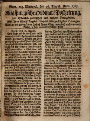 Augsburgische Ordinari Postzeitung von Staats-, gelehrten, historisch- u. ökonomischen Neuigkeiten (Augsburger Postzeitung) Mittwoch 26. August 1767