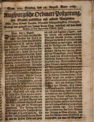 Augsburgische Ordinari Postzeitung von Staats-, gelehrten, historisch- u. ökonomischen Neuigkeiten (Augsburger Postzeitung) Freitag 28. August 1767