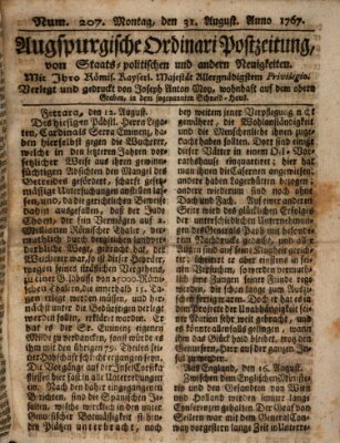 Augsburgische Ordinari Postzeitung von Staats-, gelehrten, historisch- u. ökonomischen Neuigkeiten (Augsburger Postzeitung) Montag 31. August 1767