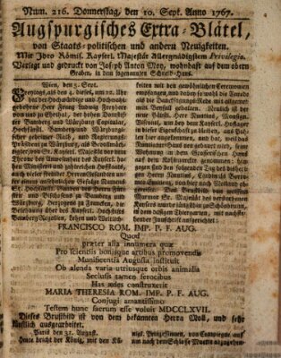 Augsburgische Ordinari Postzeitung von Staats-, gelehrten, historisch- u. ökonomischen Neuigkeiten (Augsburger Postzeitung) Donnerstag 10. September 1767