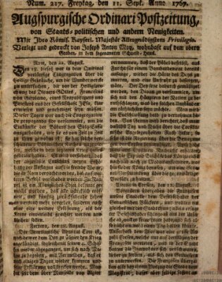 Augsburgische Ordinari Postzeitung von Staats-, gelehrten, historisch- u. ökonomischen Neuigkeiten (Augsburger Postzeitung) Freitag 11. September 1767