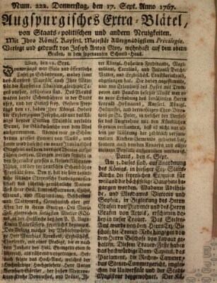 Augsburgische Ordinari Postzeitung von Staats-, gelehrten, historisch- u. ökonomischen Neuigkeiten (Augsburger Postzeitung) Donnerstag 17. September 1767