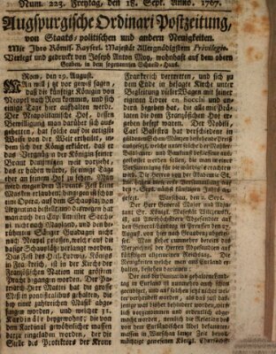 Augsburgische Ordinari Postzeitung von Staats-, gelehrten, historisch- u. ökonomischen Neuigkeiten (Augsburger Postzeitung) Freitag 18. September 1767