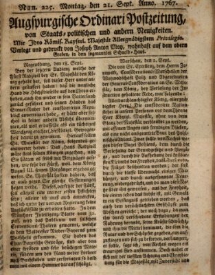 Augsburgische Ordinari Postzeitung von Staats-, gelehrten, historisch- u. ökonomischen Neuigkeiten (Augsburger Postzeitung) Montag 21. September 1767