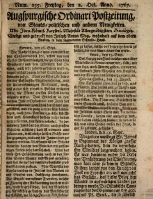 Augsburgische Ordinari Postzeitung von Staats-, gelehrten, historisch- u. ökonomischen Neuigkeiten (Augsburger Postzeitung) Freitag 2. Oktober 1767