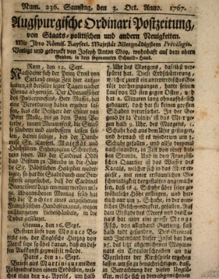 Augsburgische Ordinari Postzeitung von Staats-, gelehrten, historisch- u. ökonomischen Neuigkeiten (Augsburger Postzeitung) Samstag 3. Oktober 1767